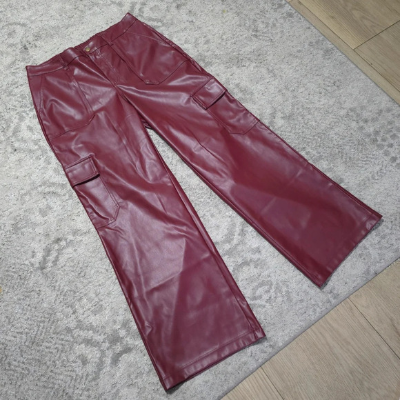 WILD FABLE Faux Leather Burgundy Wine Wide Leg Cargo Pants, Elastic Back Waist - Picture 9 of 16